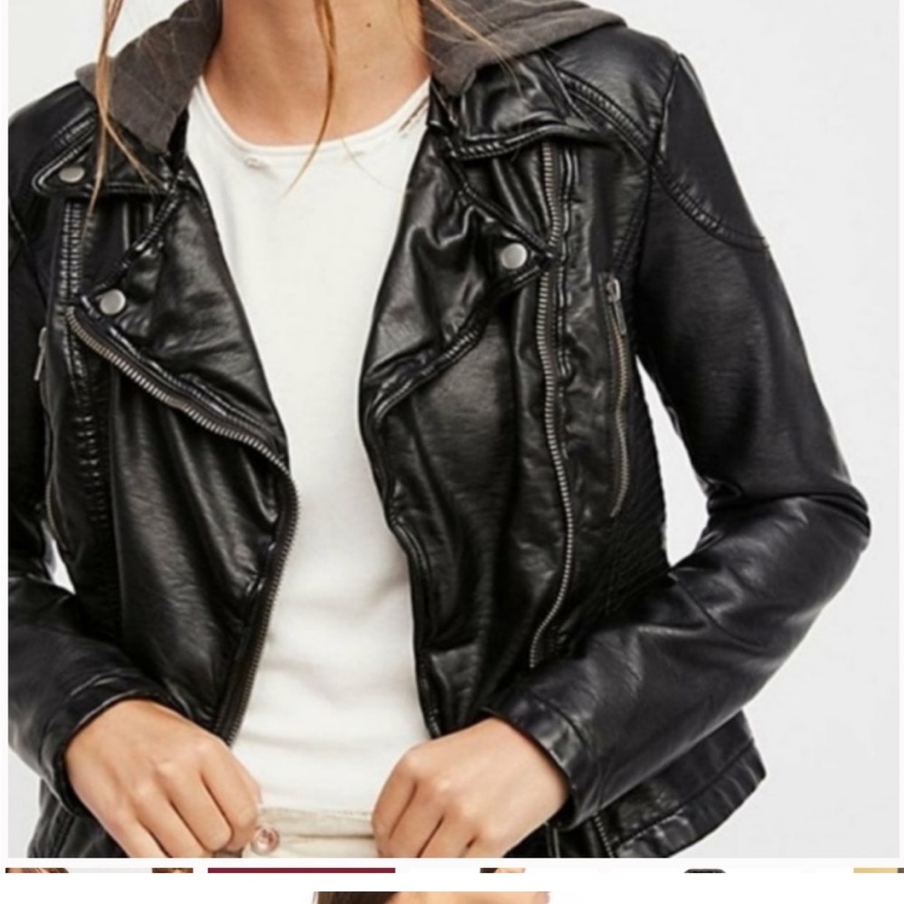 Free People Black Pleather Jacket with hoodie
